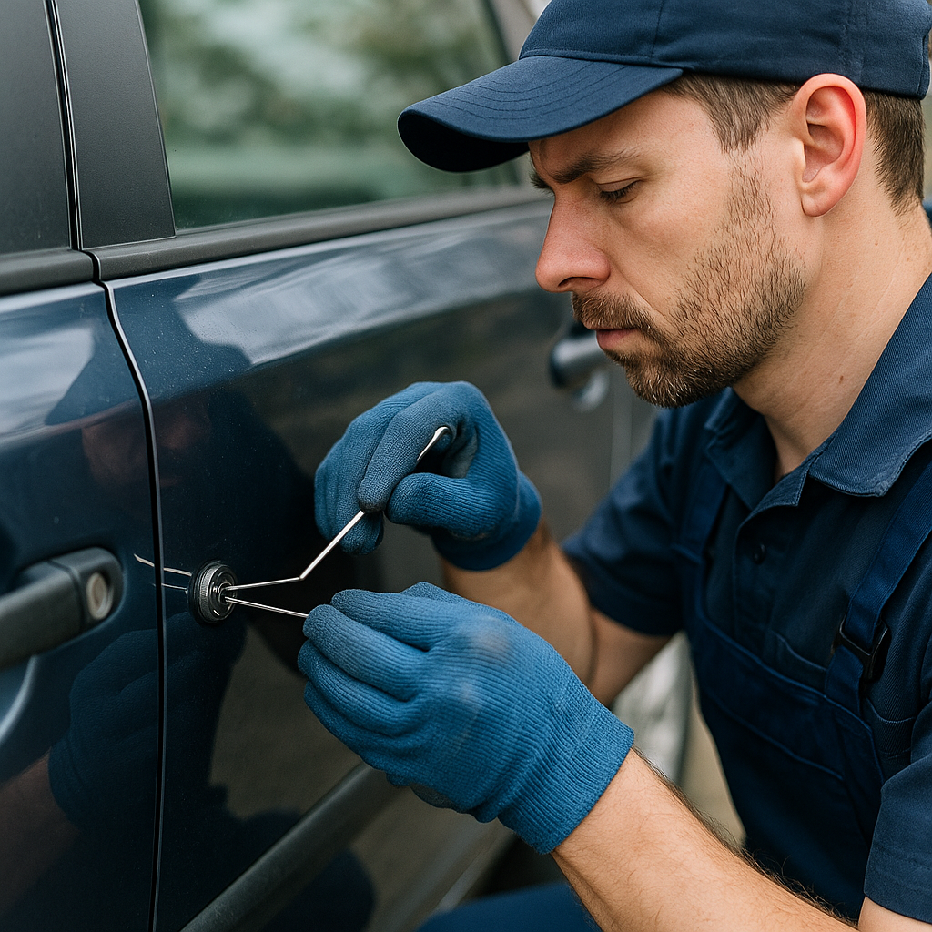 Mann öffnet verschlossene Autotür – Schlüsseldienst Solingen Notdienst