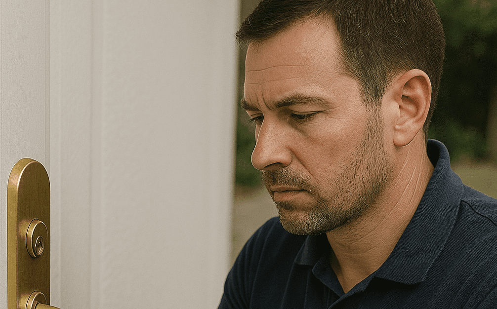 Mann steht vor verschlossener Tür – Schlüsseldienst Solingen Notdienst hilft